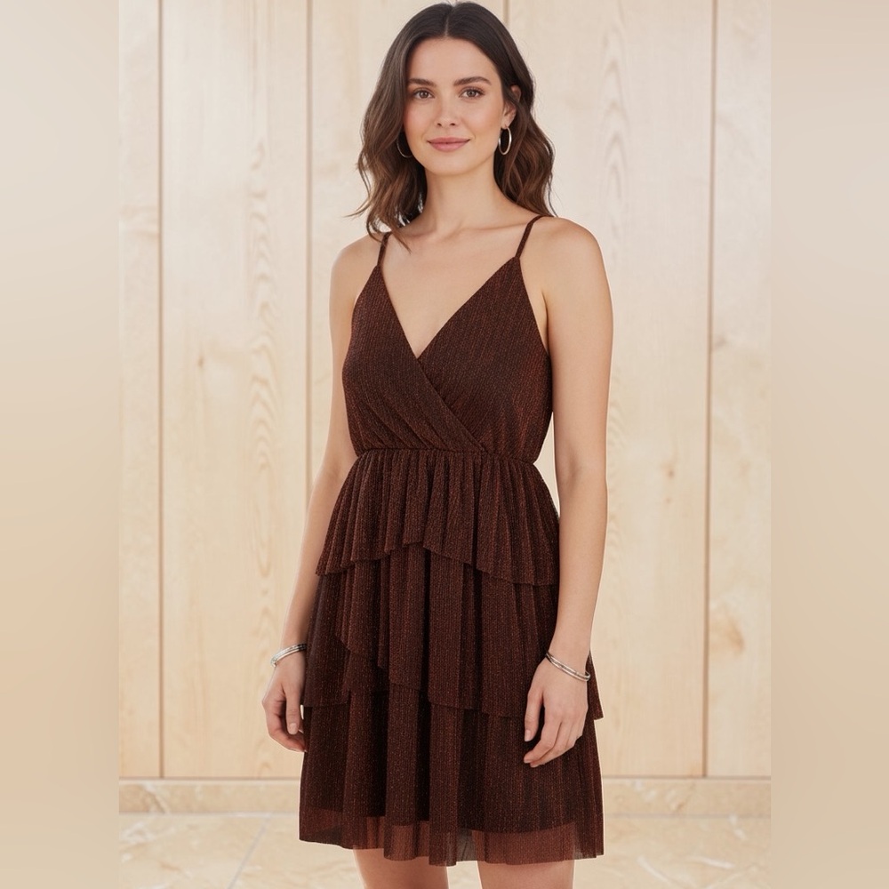 BCBGeneration Shimmering Metallic Red/Gold Spaghetti Strap Tiered Dress M